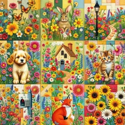 Puzzle Bloco de Quilt de Nove Retalhos Jardim da Casa de Campo
