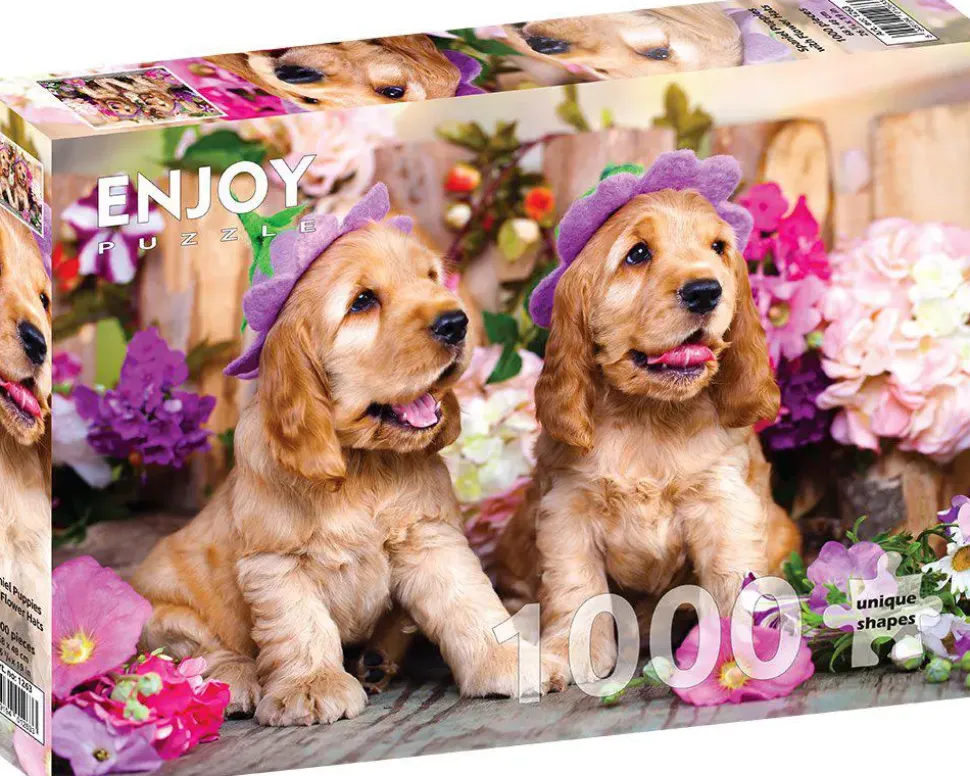 Puzzle Filhotes de Spaniel com chapéus de flores