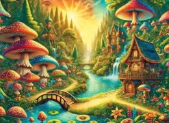 Puzzle Floresta mística junto à cascata de madeira