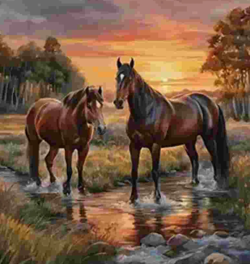 Puzzle Pintura Diamant: Cavalos no rio 30x40cm
