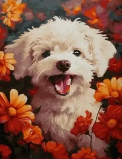 Puzzle Pintura Diamant: Cão em flores 30x40cm