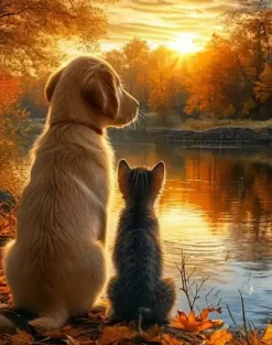 Puzzle Pintura Diamant: Gatinho com cão na praia 30x40cm