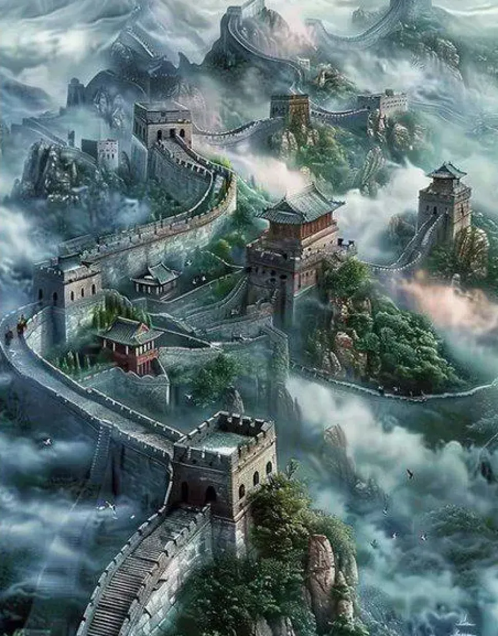 Puzzle Pintura Diamant: Grande Muralha da China no nevoeiro 30x40cm