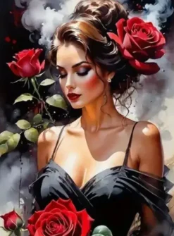Puzzle Pintura Diamant: Mulher com rosas 30x40cm