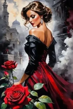 Puzzle Pintura Diamant: Mulher com rosas na cidade 30x40cm