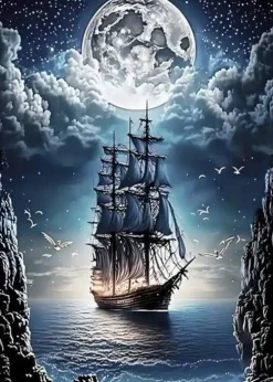 Puzzle Pintura Diamant: Navio na lua cheia 30x40cm