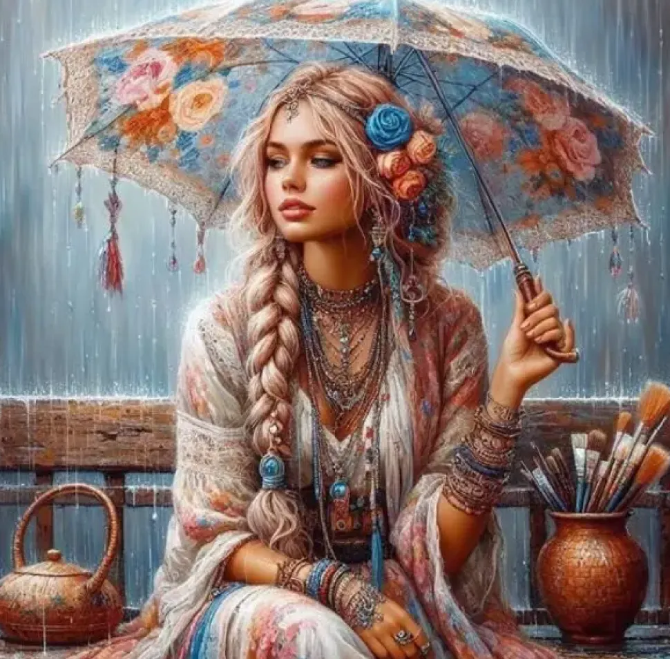 Puzzle Pintura Diamant: Rapariga com um guarda-chuva 30x40cm