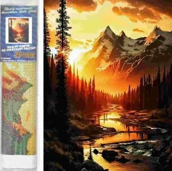 Puzzle Pintura Diamant: Rio de montanha ao pôr do sol 30x40 cm