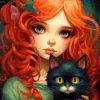 Puzzle Pintura Diamant: Ruiva com um gato preto 30x40cm