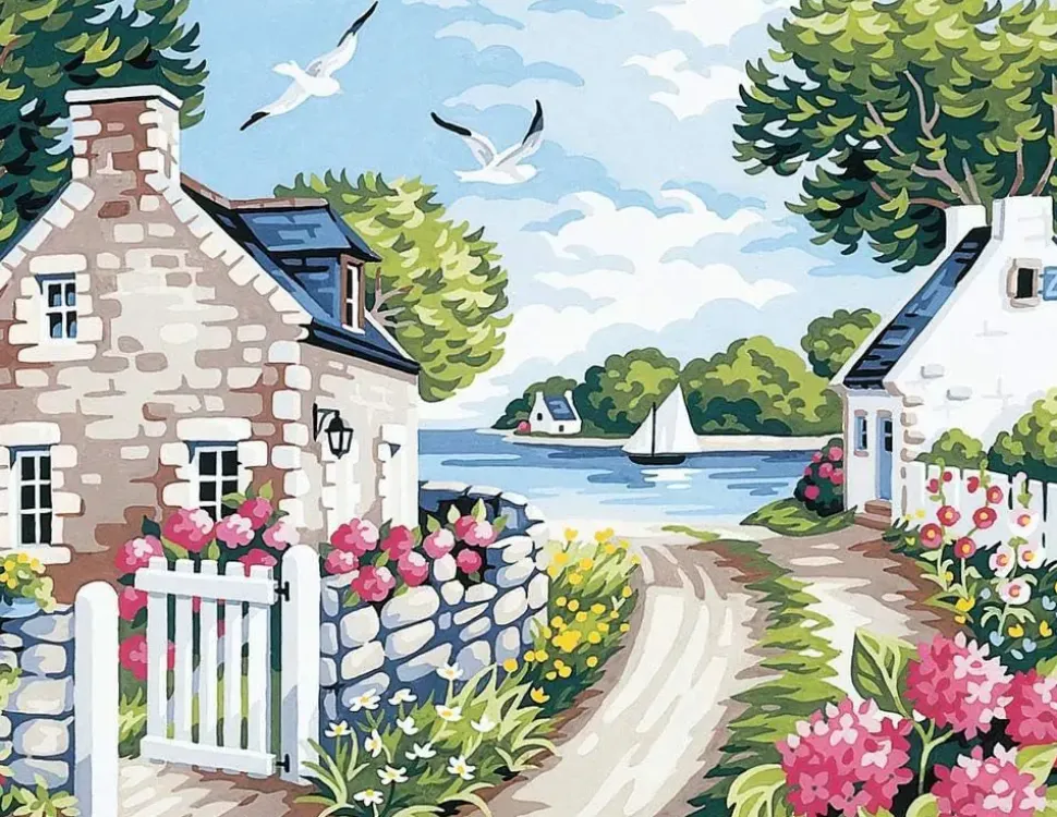 Puzzle Pintura diamantada: Casas à beira do lago 30x40 cm