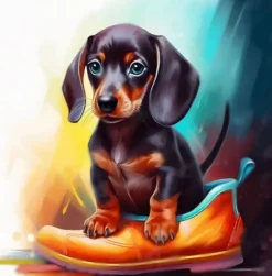 Puzzle Pintura diamantada: Dachshund em um sapato 30x40 cm