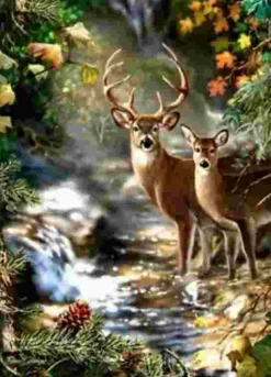Puzzle Pintura diamantada: Veado e corça perto de um riacho na floresta 30x40 cm