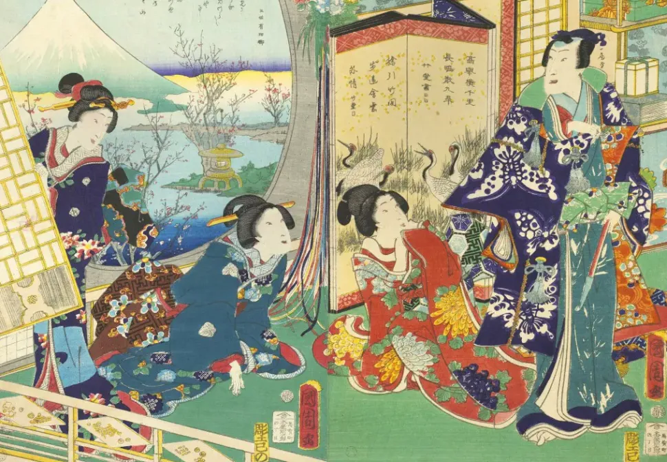 Puzzle Utagawa Kunichika - Visita do Príncipe Genji a uma residência com vista para o Monte Fuji