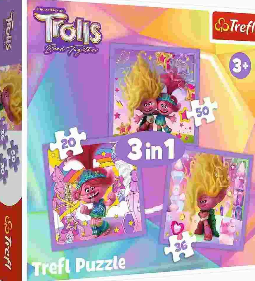 Puzzle 3v1 Trolls 3: Conheça os Trolls felizes